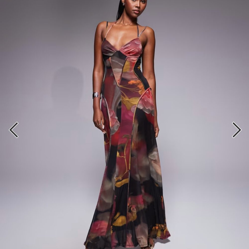 NWT ASOS DESIGN printed mesh maxi dress with exposed seam pink floral print - Picture 2 of 4